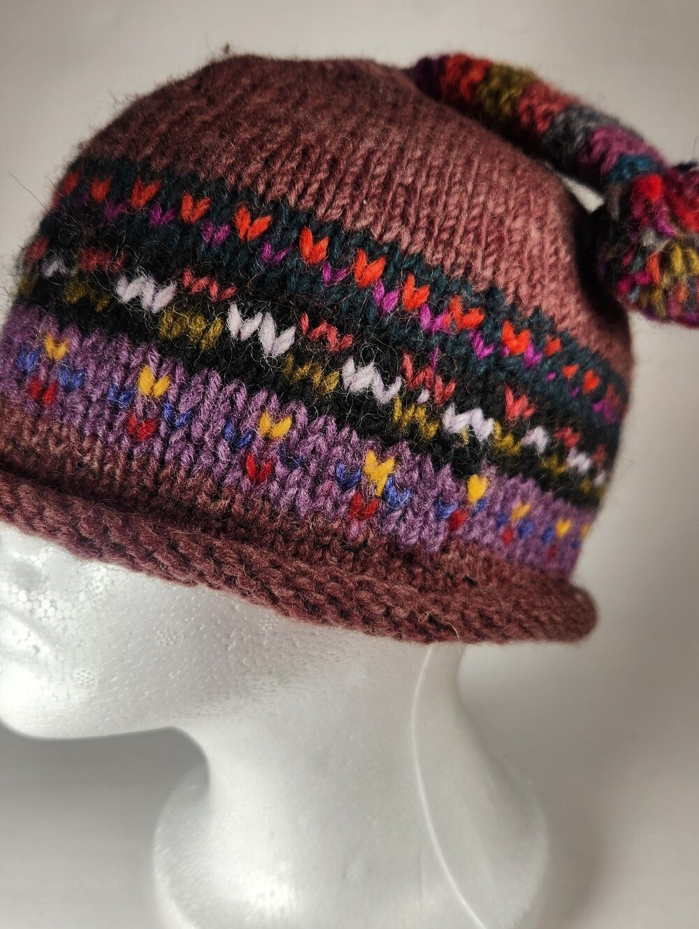 HANDKNIT Beanie Hat One Size Wool Ski Snowboard Brown Purple Tassle